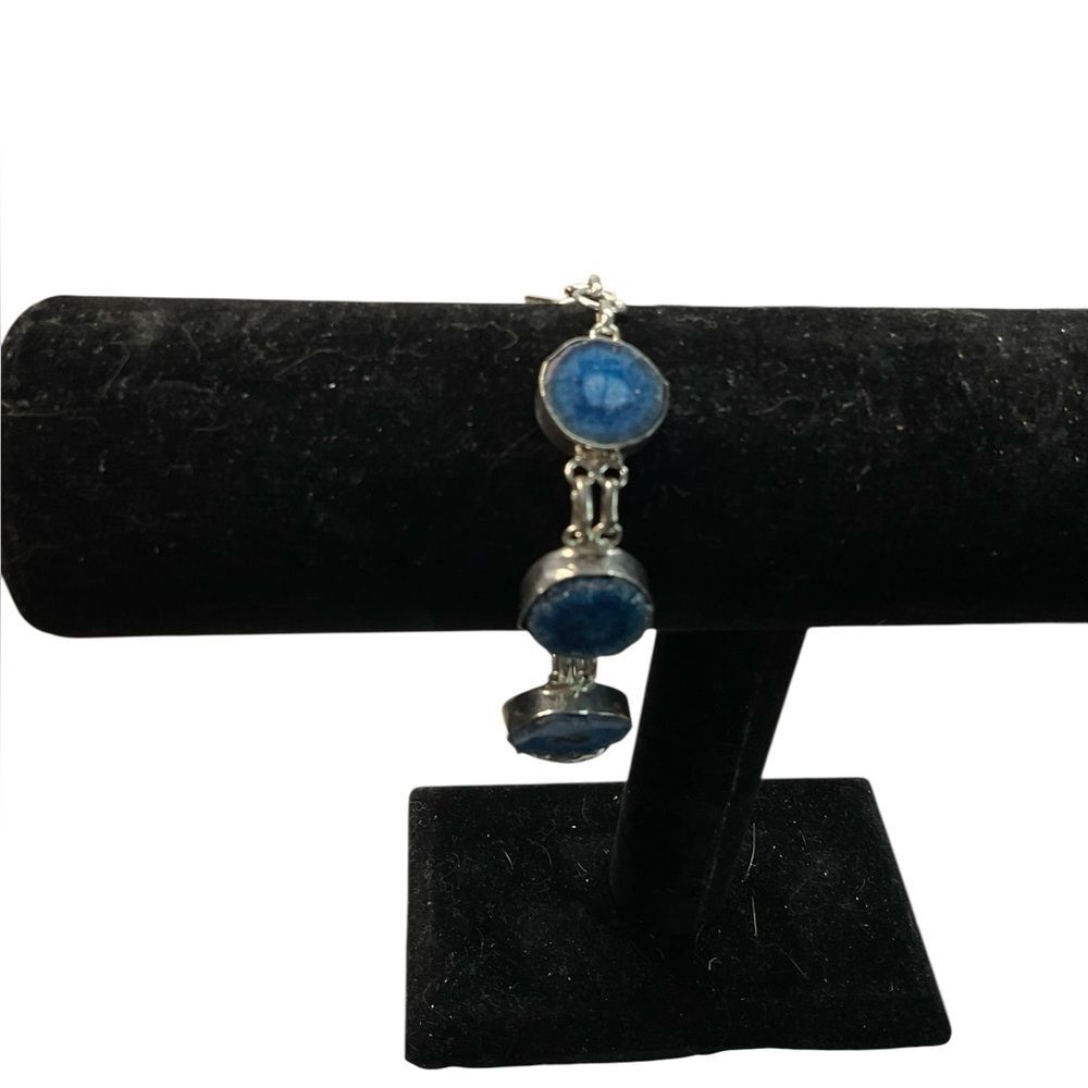 Sterling Silver 925 Blue Agate Druzy Slice Adjustable Toogle Clasp Bracelet